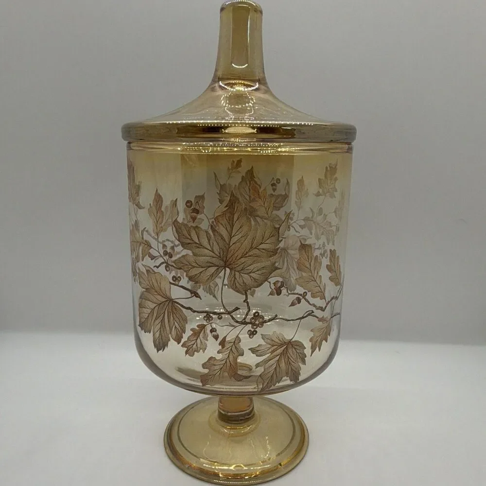 Amber Glass Pedestal Floral Candy Jar with Lid Round Free-Standing